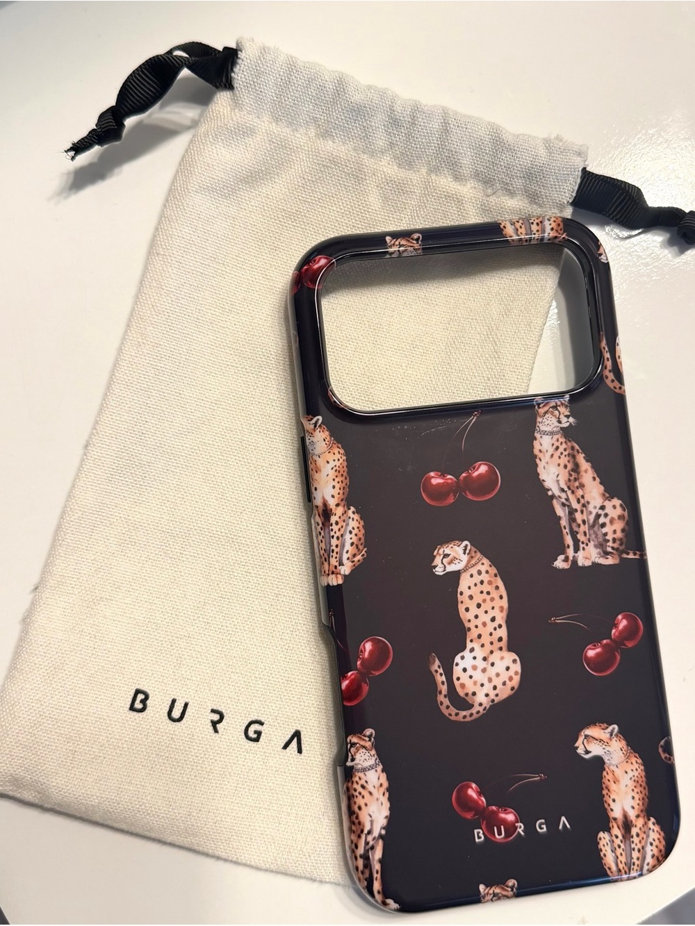 BURGA Iphone 17 Pro Max -Black Cheetah & Cherry Pattern Phone Case